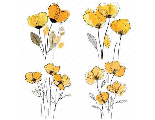 Preview layout showing Golden Yellow Abstract Flowers clipart elements for scrapbooking, junk journals, and card making