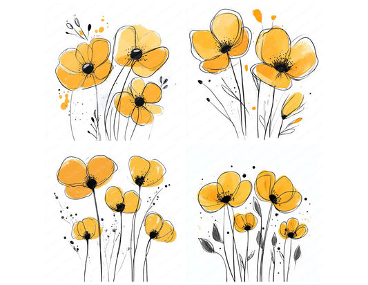 Preview layout showing Goldenrod Yellow Abstract Flowers clipart elements for scrapbooking, junk journals, and card making