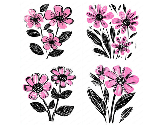 Preview layout showing Hot Pink Abstract Flowers clipart elements for scrapbooking, junk journals, and card making