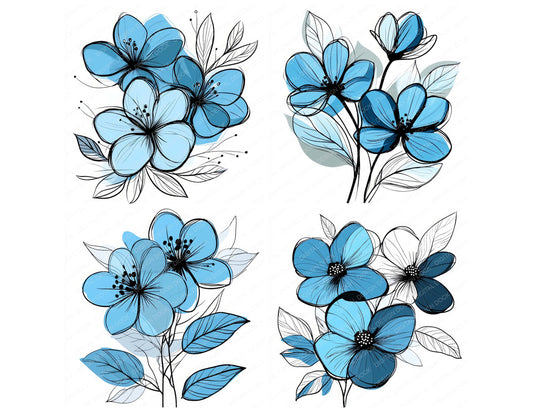 Preview layout showing Ice Blue Abstract Flowers clipart elements for scrapbooking, junk journals, and card making