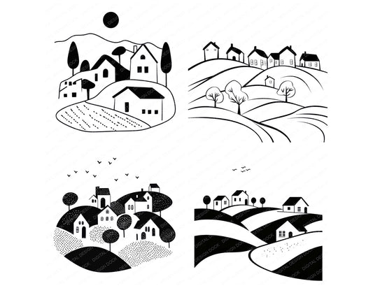 Preview layout showing Minimal Abstract Countryside Village clipart elements for scrapbooking, junk journals, and card making