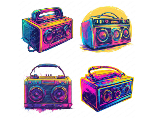 Preview layout showing Neon Retro Boombox clipart elements for scrapbooking, junk journals, and card making