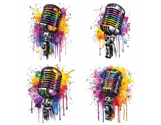 Preview layout showing Neon Watercolour Retro Microphone clipart elements for scrapbooking, junk journals, and card making