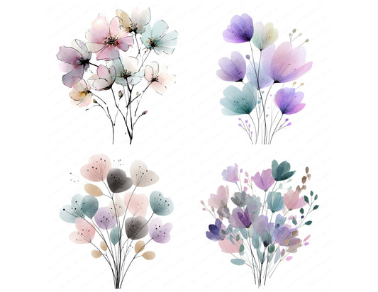 Preview layout showing Pastel Abstract Wildflower Bouquet clipart elements for scrapbooking, junk journals, and card making
