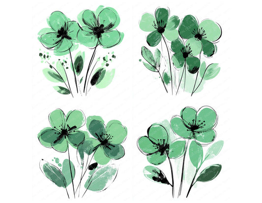 Preview layout showing Pine Green Abstract Flowers clipart elements for scrapbooking, junk journals, and card making