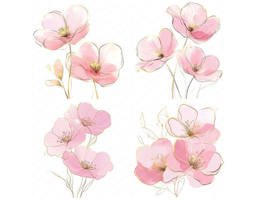 Preview layout showing Pink and Gold Abstract Flowers clipart elements for scrapbooking, junk journals, and card making