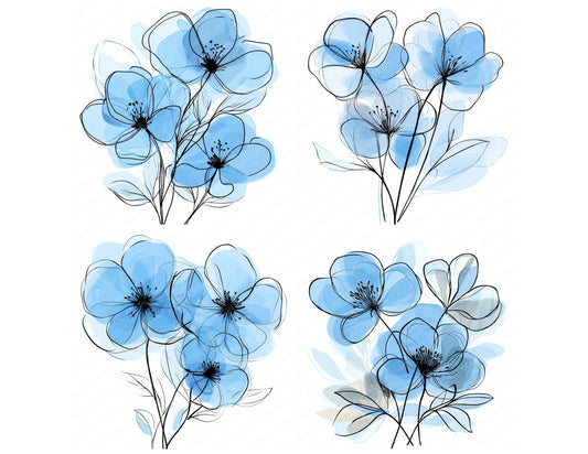 Preview layout showing Powder Blue Abstract Flowers clipart elements for scrapbooking, junk journals, and card making