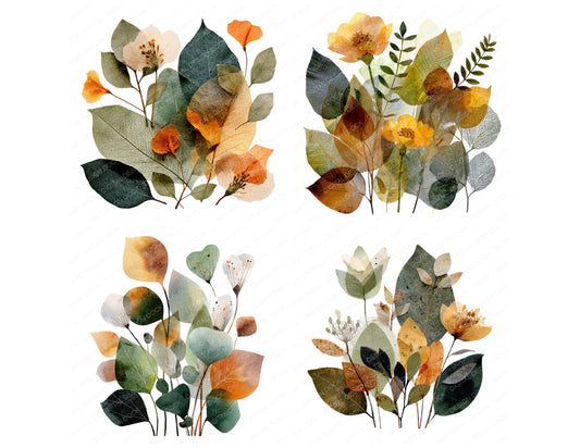 Preview layout showing Pressed Leaf Collage clipart elements for scrapbooking, junk journals, and card making