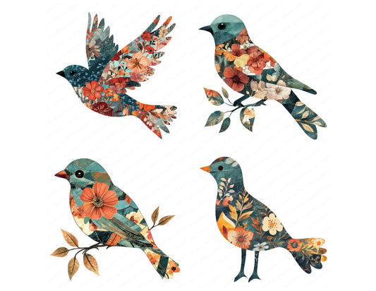 Preview layout showing Quilt Pattern Bird clipart elements for scrapbooking, junk journals, and card making
