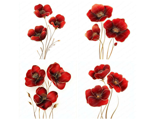 Preview layout showing Red and Gold Abstract Flowers clipart elements for scrapbooking, junk journals, and card making