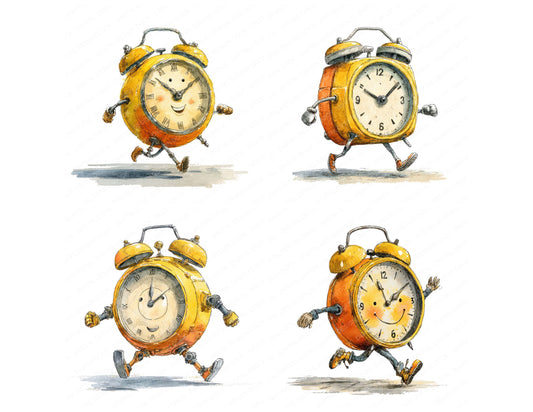 Preview layout showing Retro Alarm Clock Character clipart elements for scrapbooking, junk journals, and card making
