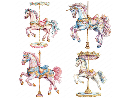 Preview layout showing Retro Carousel Horse clipart elements for scrapbooking, junk journals, and card making
