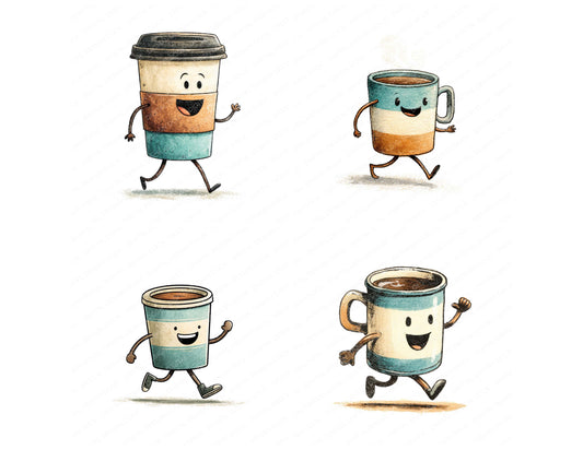 Preview layout showing Retro Coffee Cup Character clipart elements for scrapbooking, junk journals, and card making