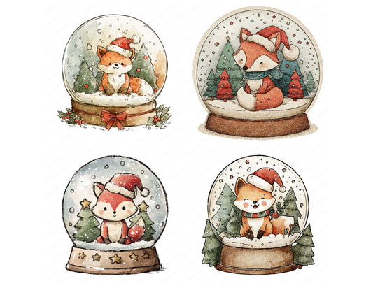 Preview layout showing Retro Fox Snow Globe clipart elements for scrapbooking, junk journals, and card making