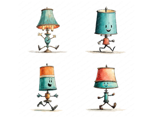 Preview layout showing Retro Lamp Character clipart elements for scrapbooking, junk journals, and card making