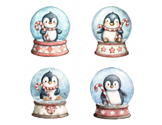 Preview layout showing Retro Penguin Snow Globe clipart elements for scrapbooking, junk journals, and card making