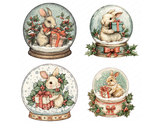 Preview layout showing Retro Rabbit Snow Globe clipart elements for scrapbooking, junk journals, and card making