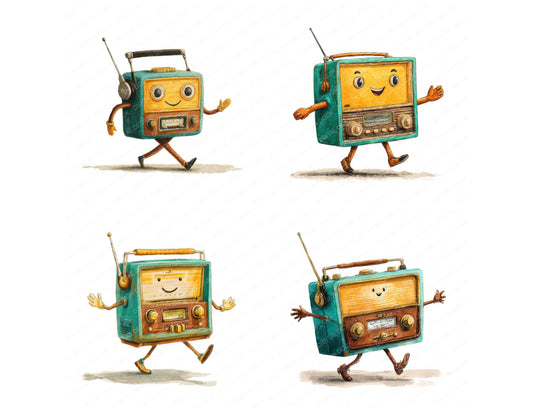 Preview layout showing Retro Radio Character clipart elements for scrapbooking, junk journals, and card making