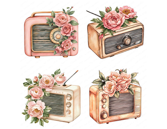 Preview layout showing Retro Radio with Florals clipart elements for scrapbooking, junk journals, and card making
