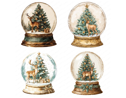 Preview layout showing Retro Reindeer Snow Globe clipart elements for scrapbooking, junk journals, and card making