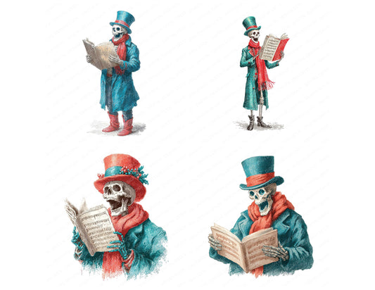 Preview layout showing Retro Skeleton Caroler clipart elements for scrapbooking, junk journals, and card making