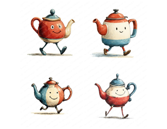 Preview layout showing Retro Teapot Character clipart elements for scrapbooking, junk journals, and card making