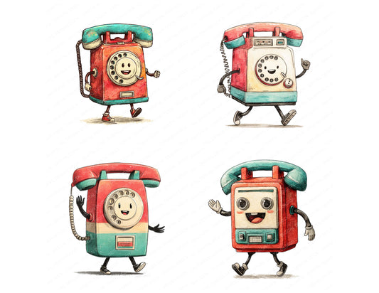 Preview layout showing Retro Telephone Character clipart elements for scrapbooking, junk journals, and card making