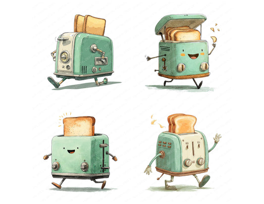 Preview layout showing Retro Toaster Character clipart elements for scrapbooking, junk journals, and card making