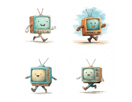 Preview layout showing Retro TV Character clipart elements for scrapbooking, junk journals, and card making