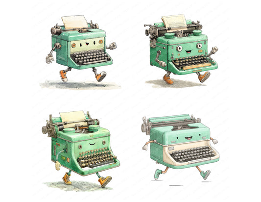 Preview layout showing Retro Typewriter Character clipart elements for scrapbooking, junk journals, and card making