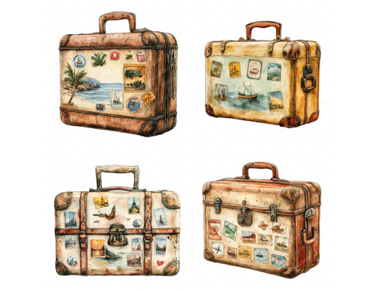 Preview layout showing Retro Vintage Suitcase clipart elements for scrapbooking, junk journals, and card making