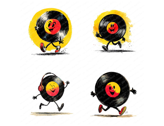 Preview layout showing Retro Vinyl Record Character clipart elements for scrapbooking, junk journals, and card making