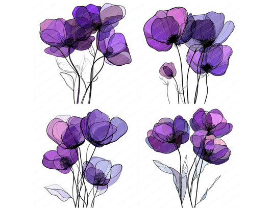 Preview layout showing Rich Purple Abstract Flowers clipart elements for scrapbooking, junk journals, and card making