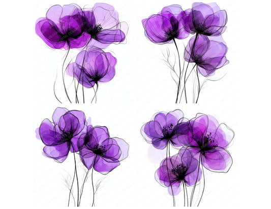 Preview layout showing Royal Purple Abstract Flowers clipart elements for scrapbooking, junk journals, and card making
