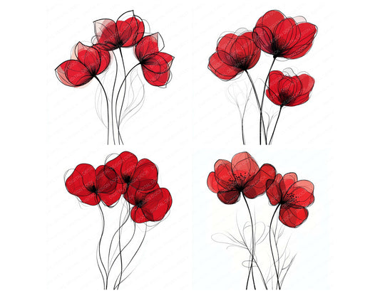 Preview layout showing Ruby Red Abstract Flowers clipart elements for scrapbooking, junk journals, and card making