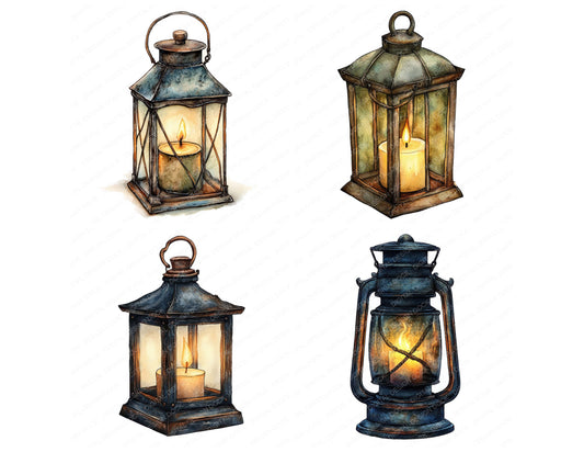 Preview layout showing Rustic Candle Lantern clipart elements for scrapbooking, junk journals, and card making