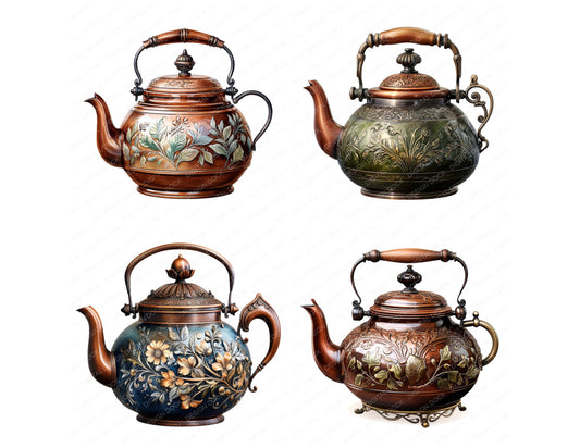 Preview layout showing Rustic Engraved Teapot clipart elements for scrapbooking, junk journals, and card making