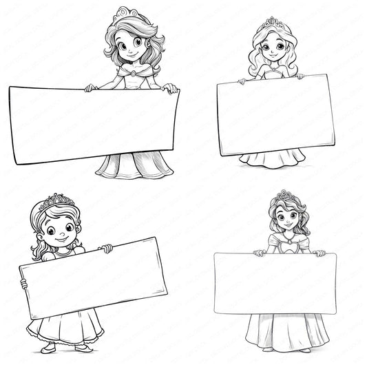 Sketch Princess Holding Blank Banner Clipart Set (DDD006560)