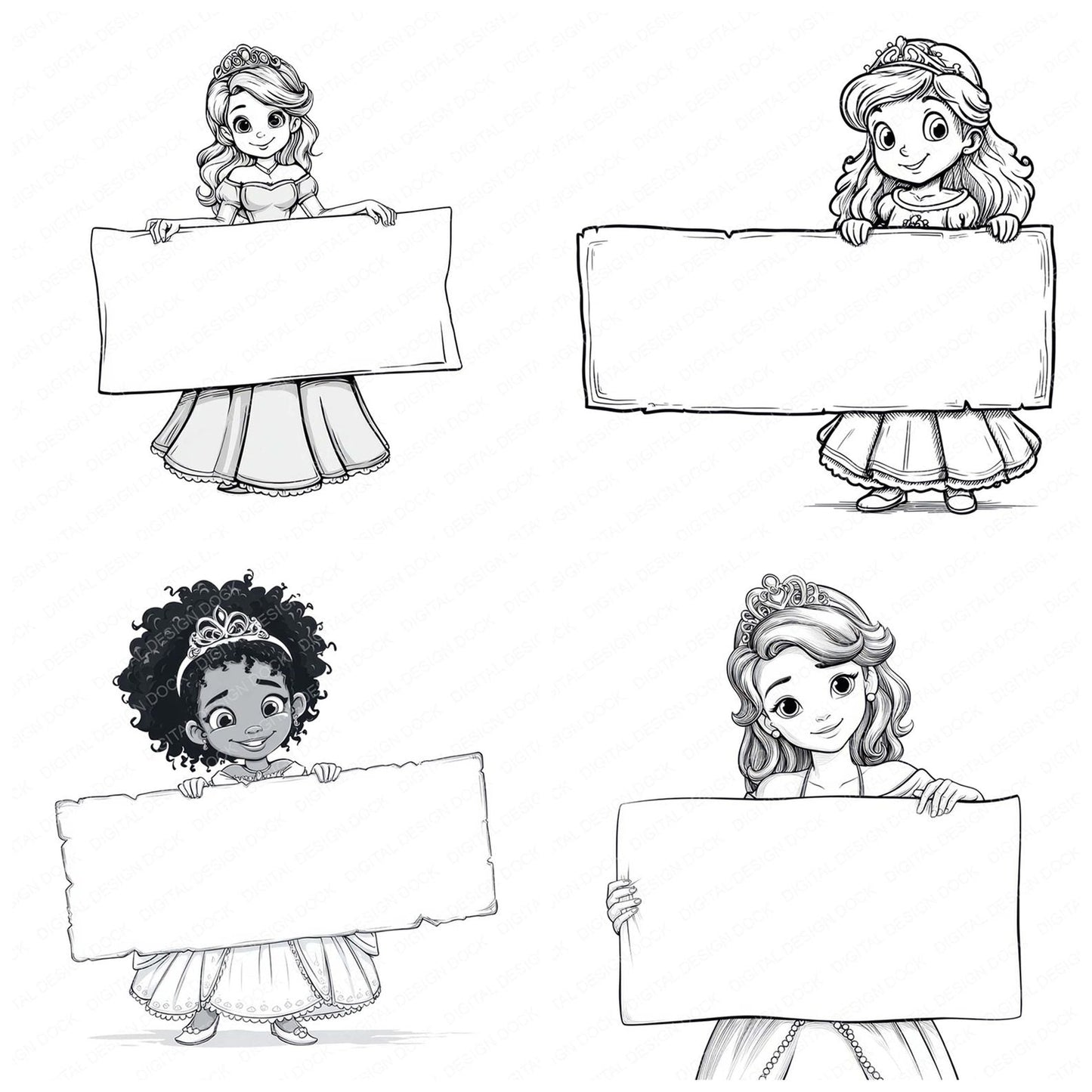 Sketch Princess Holding Blank Banner Clipart Set (DDD006560)