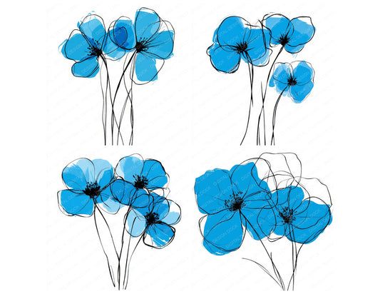 Preview layout showing Sky Blue Abstract Flowers clipart elements for scrapbooking, junk journals, and card making