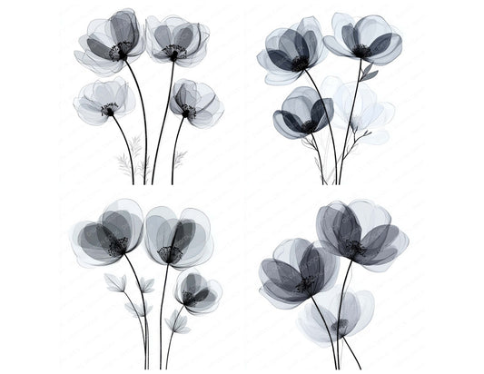 Preview layout showing Smoke Grey Abstract Flowers clipart elements for scrapbooking, junk journals, and card making