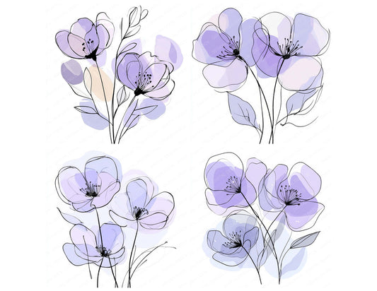 Preview layout showing Soft Lavender Abstract Flowers clipart elements for scrapbooking, junk journals, and card making