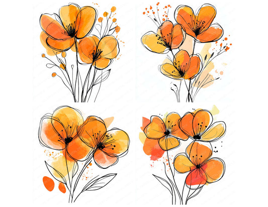 Preview layout showing Tangerine Abstract Flowers clipart elements for scrapbooking, junk journals, and card making
