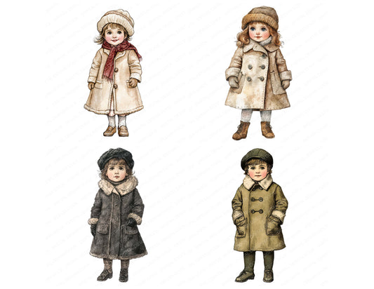 Preview layout showing Victorian Child in Winter Coat clipart elements for scrapbooking, junk journals, and card making