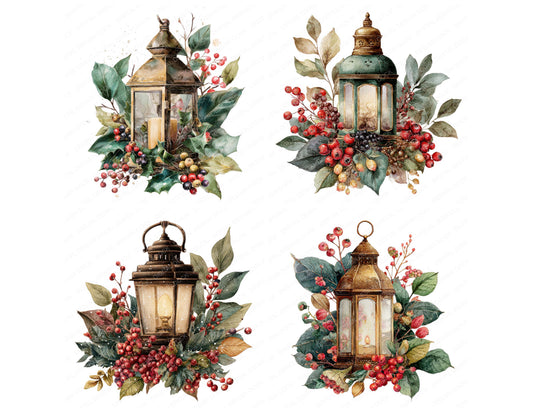Preview layout showing Vintage Lantern with Winter Foliage clipart elements for scrapbooking, junk journals, and card making
