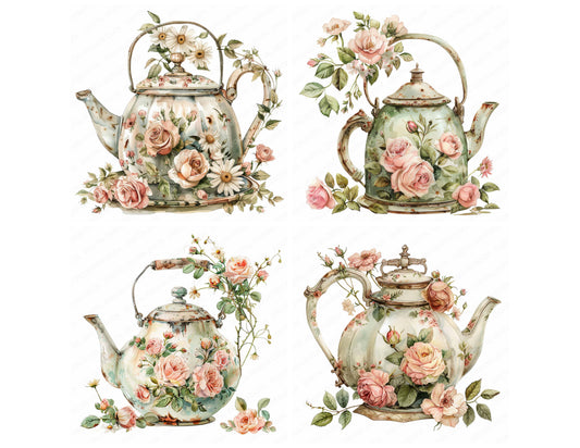 Preview layout showing Vintage Rustic Floral Teapot clipart elements for scrapbooking, junk journals, and card making