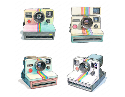 Preview layout showing Watercolour Retro Camera clipart elements for scrapbooking, junk journals, and card making