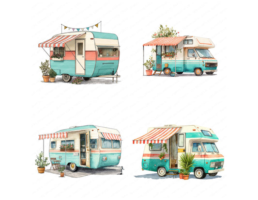 Preview layout showing Watercolour Retro Camper Trailer clipart elements for scrapbooking, junk journals, and card making