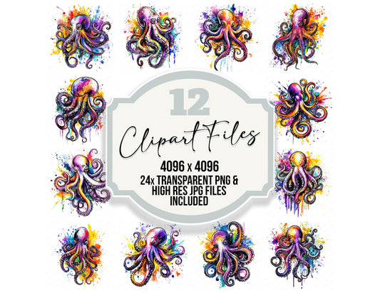Watercolour Splatter Octopus Clipart Set (DDD007371)