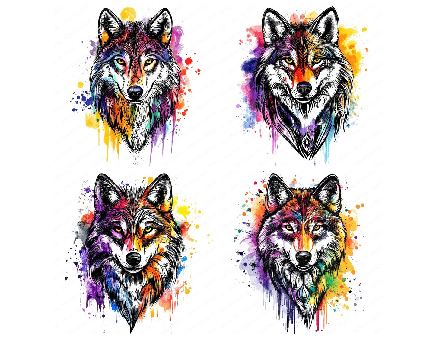 Watercolour Tribal Wolf Clipart Set (DDD007398)